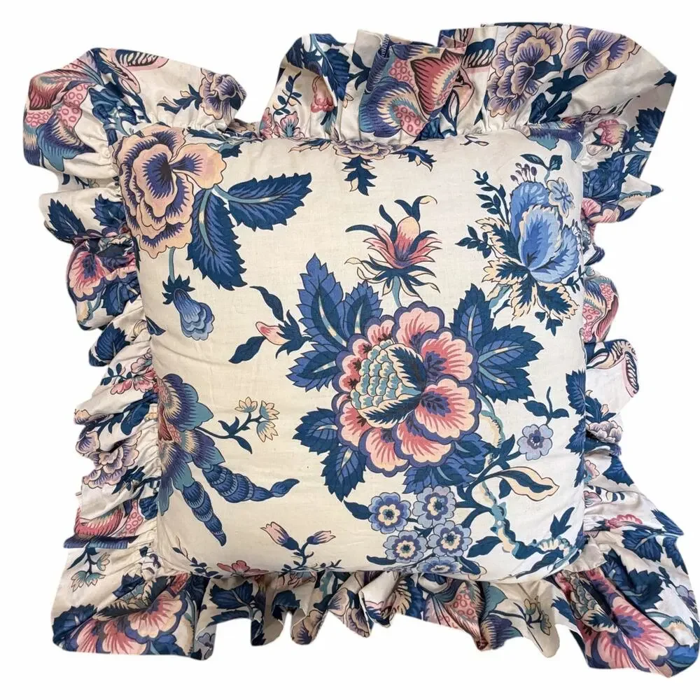 Waverly Floral Ruffle Pillow Jacobean Blue Chintz Grandmillennial Cottagecore